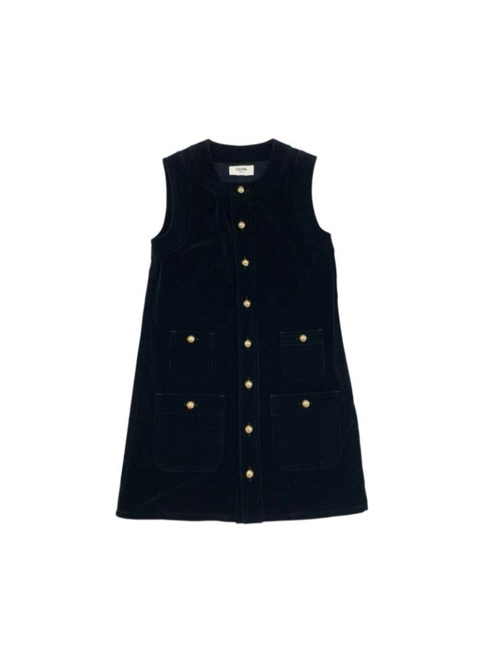 Celine Dress Cotton Black Gold Triomphe Velor Sleeveless - Picture 4 of 8